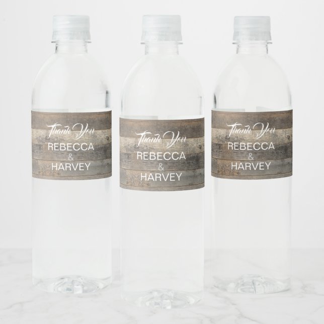 rustic western country woodgrain barn wedding water bottle label (Bottles)