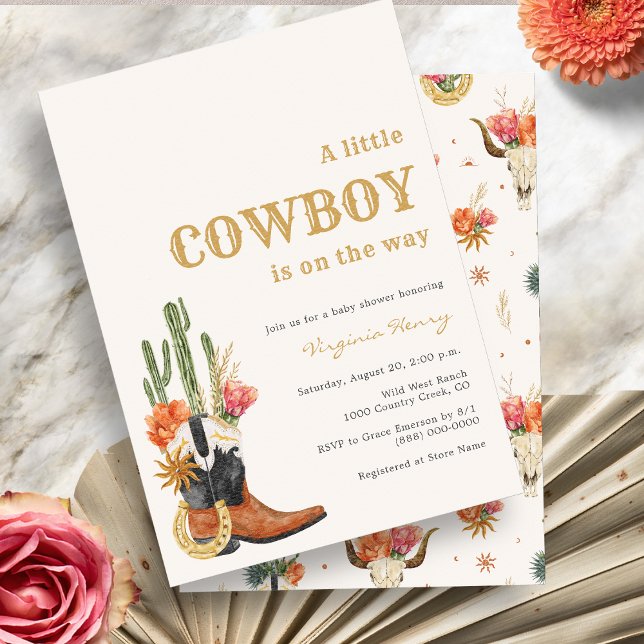 Rustic Western Cowboy Baby Shower Invitation (Rustic Wild West Theme A Little Cowboy Baby Shower Invitation with Cactus by Painted Paperie
)
