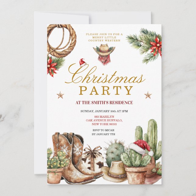 Rustic Western Cowboy Boots & Cactus Holiday  Invitation (Front)