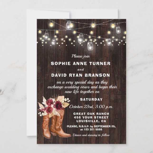 Rustic Western Cowboy Boots Pampas Grass Wedding Invitation (Front)