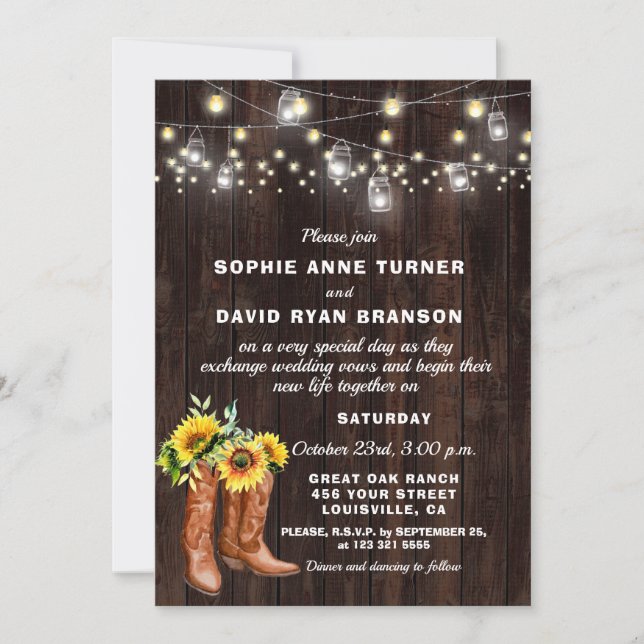 Rustic Western Cowboy Boots Sunflowers Wedding Invitation (Front)