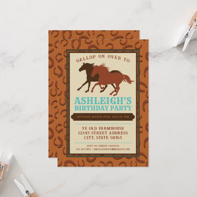Rustic Western Cowboy Brown Horse Birthday Invitation (Front/Back In Situ)