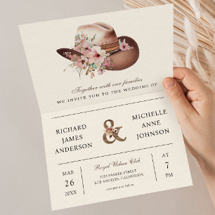 Rustic Western Cowboy Floral Hat QR Code Wedding Invitation