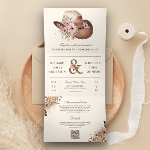 Rustic Western Cowboy Floral Hat QR Code Wedding Tri-Fold Invitation