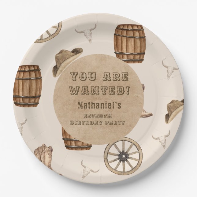 Rustic western cowboy you are wanted birthday  paper plate (Front)