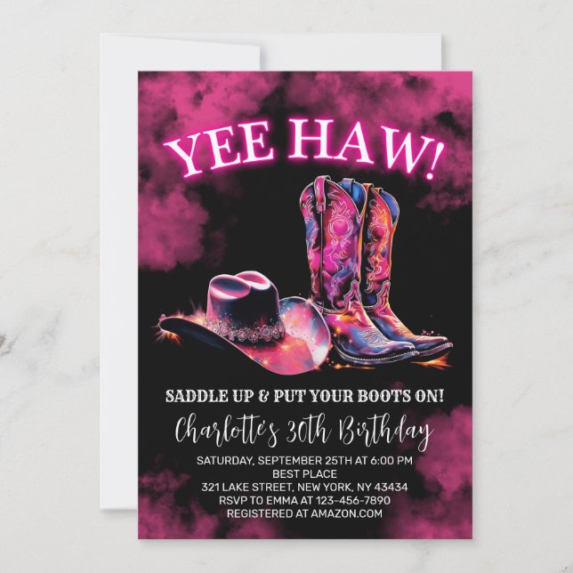 Rustic Western Cowgirl Birthday Party Pink Neon Invitation (Front)