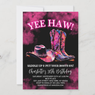 Rustic Western Cowgirl Birthday Party Pink Neon Invitation
