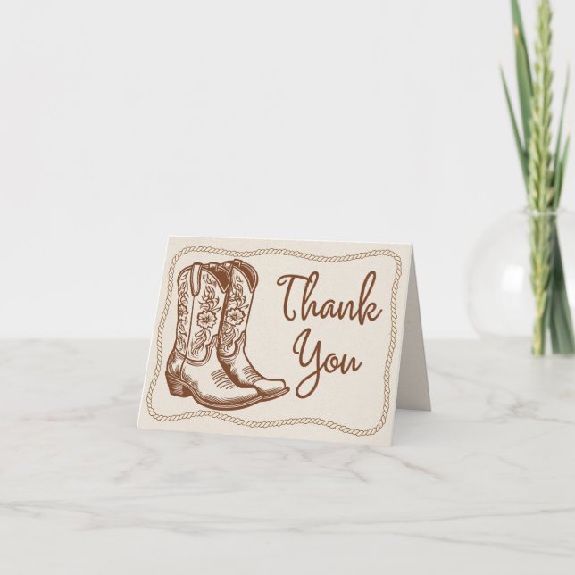 Rustic Western Cowgirl Boots Hand Drawn Rope Frame Thank You Card (Front)