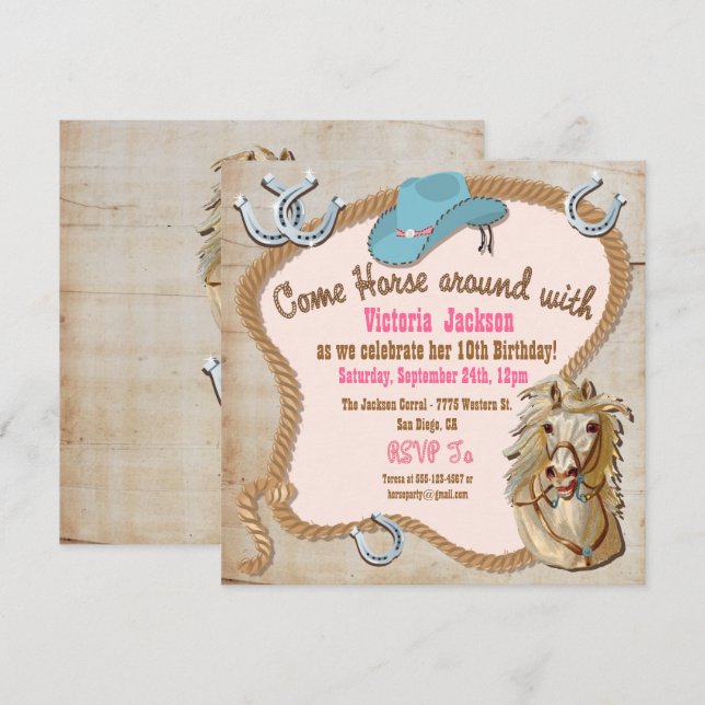 Rustic Western Cowgirl Horse Birthday Invitations (Front/Back)