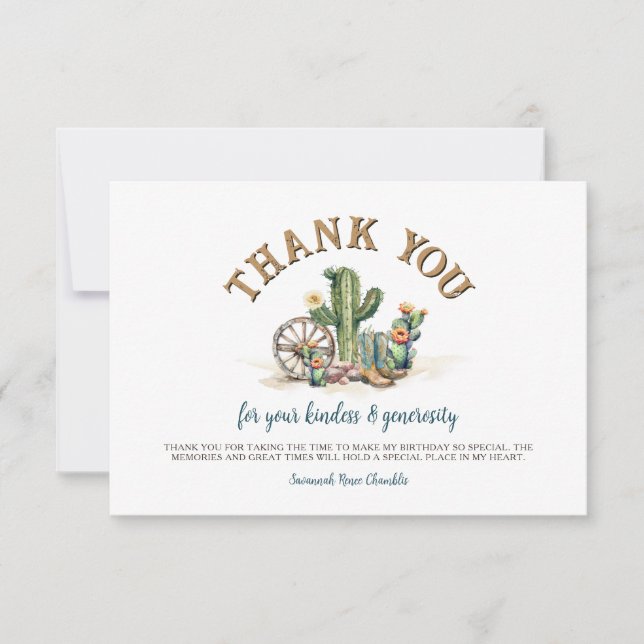 Rustic Western Cowgirl Rustic Cactus Thank You Card (Front)