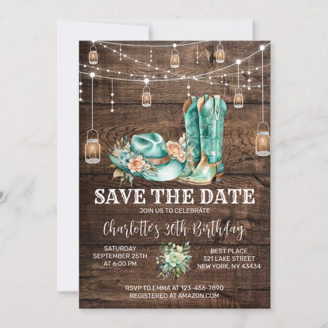 Rustic Western Cowgirl Save the Date Birthday Invitation (Front)