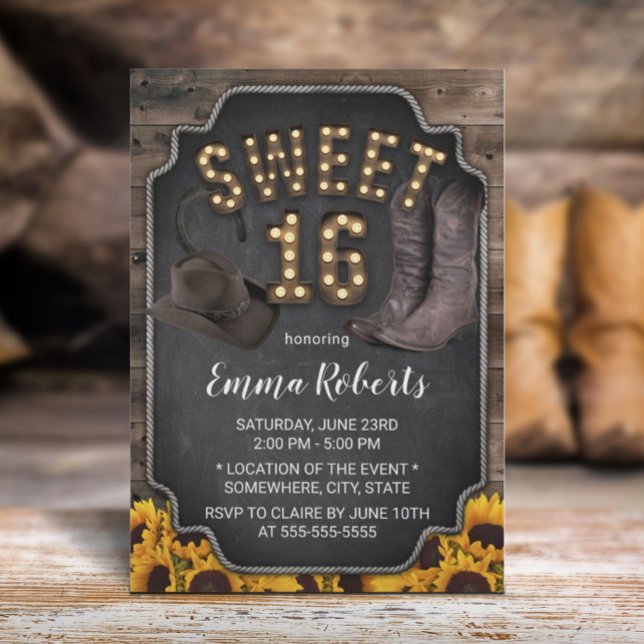 Rustic Western Cowgirl Vintage Sunflower Sweet 16 Invitation (Creator Uploaded)