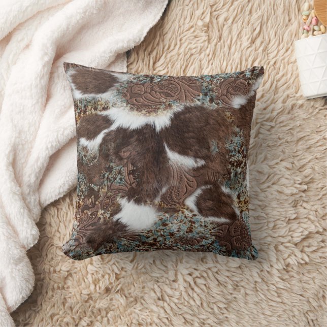 Rustic Western Cowhide Brown Leather Turquoise Cushion (Blanket)