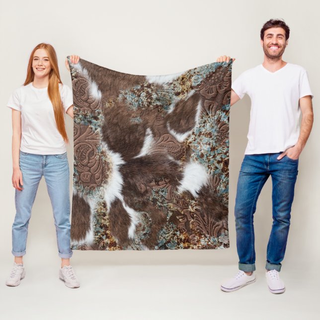 Rustic Western Cowhide Brown Leather Turquoise  Fleece Blanket (In Situ)