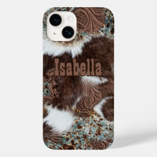 Rustic Western Cowhide Print Brown Leather Name Case-Mate iPhone 14 Case