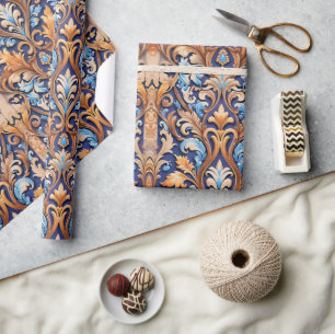Rustic Western Damask Pattern Denim Leather Wrapping Paper