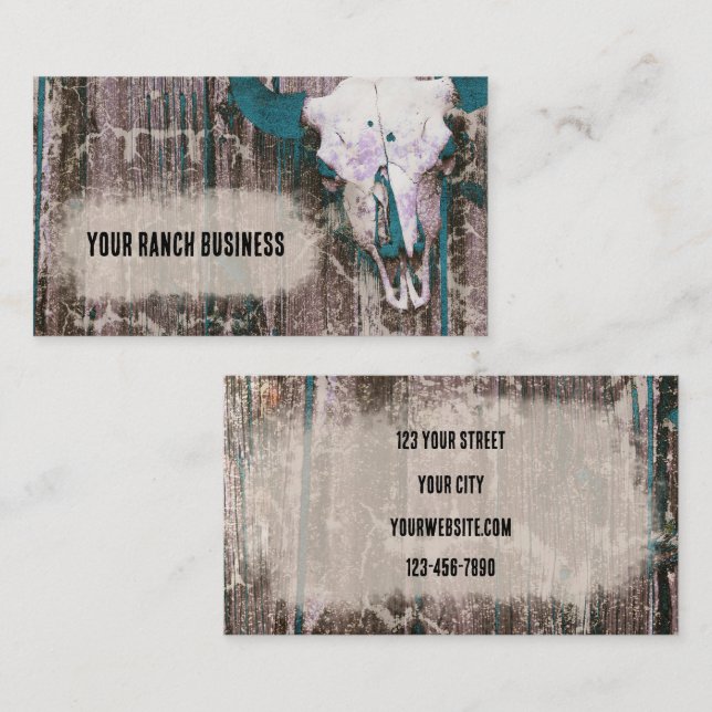 Rustic Western Dark Teal Brown Texture Bull Skull Business Card (Front/Back)