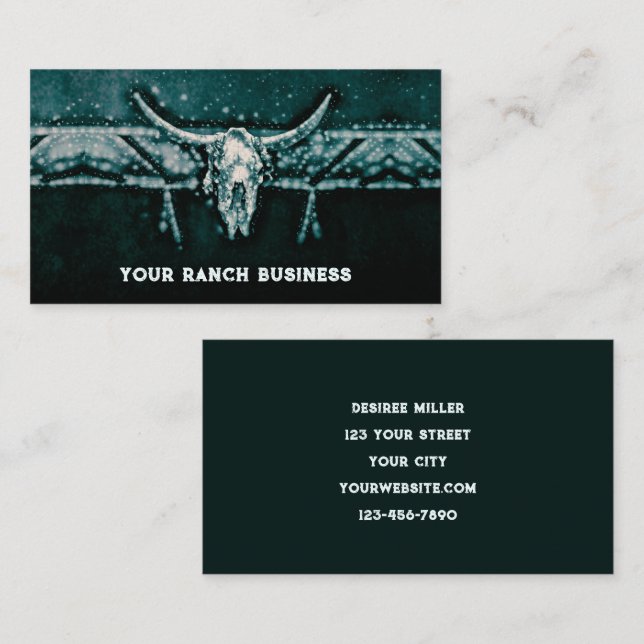 Rustic Western Dark Teal Sunflowers Bull Skull Business Card (Front/Back)