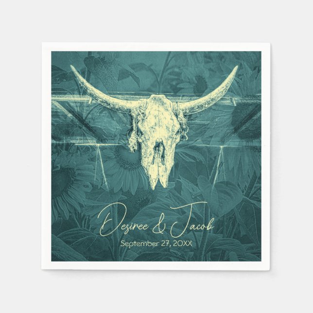 Rustic Western Dark Teal Sunflowers Bull Skull Napkin (Front)
