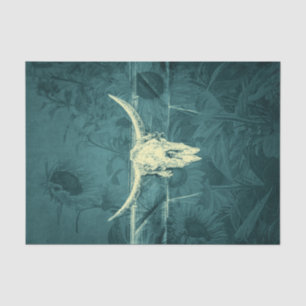 Rustic Western Dark Teal Sunflowers Bull Skull Tissue Paper