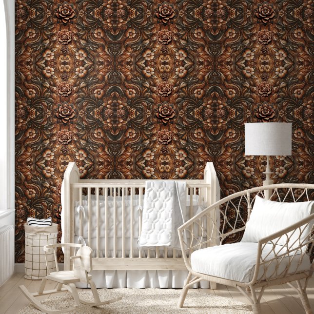 Rustic Western Embossed Leather Look Floral Print Wallpaper (Kids)