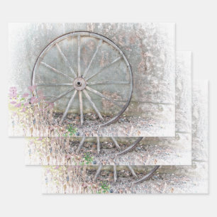 Rustic Western Gray White Distressed Wagon Wheel Wrapping Paper Sheet