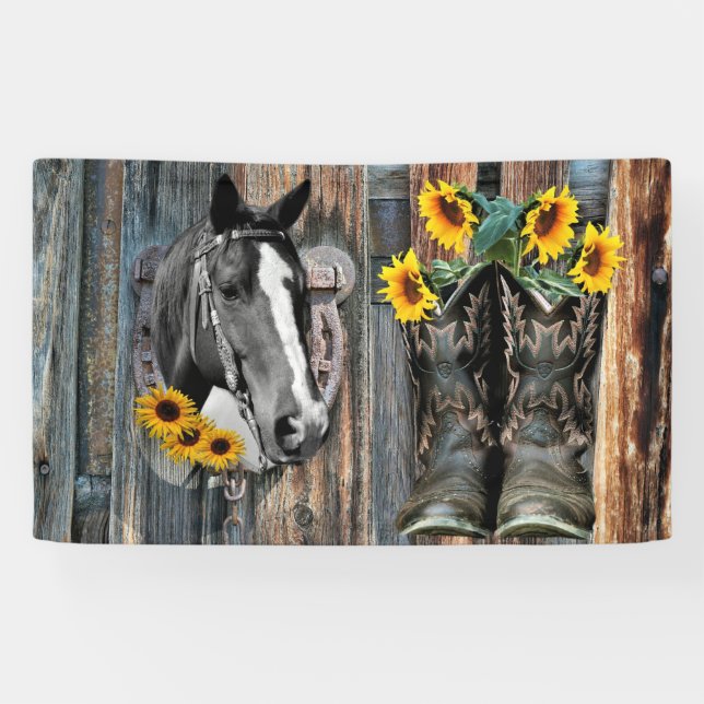 Rustic Western Horse Cowboy boots Sunflowers Banner (Horizontal)