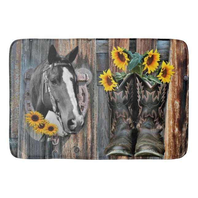 Rustic Western Horse Cowboy boots Sunflowers Bath Mat (Front)