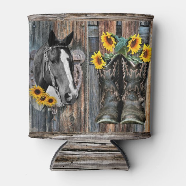 Rustic Western Horse Cowboy boots Sunflowers Can C Can Cooler (Front)