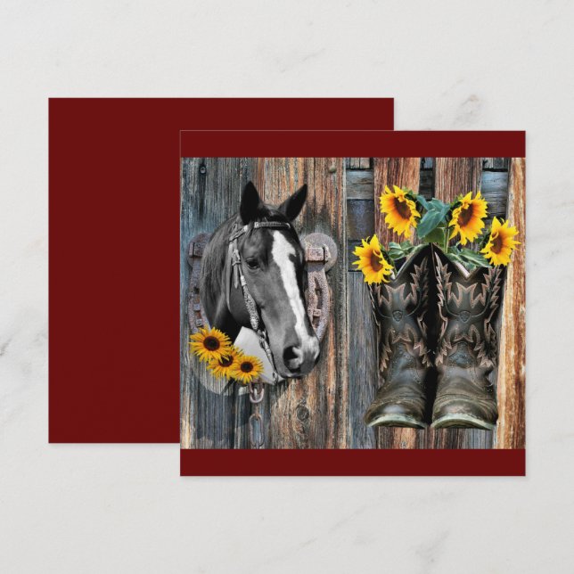 Rustic Western Horse Cowboy boots Sunflowers Invitation (Front/Back)