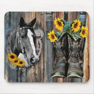 Rustic Western Horse Cowboy boots Sunflowers Mouse Mat