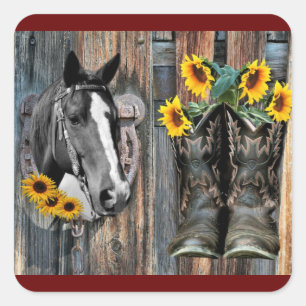 Rustic Western Horse Cowboy boots Sunflowers Square Sticker