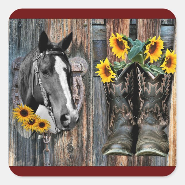 Rustic Western Horse Cowboy boots Sunflowers Square Sticker (Front)