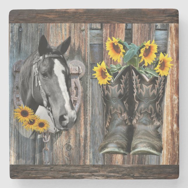 Rustic Western Horse Cowboy boots Sunflowers Stone Coaster (Front)