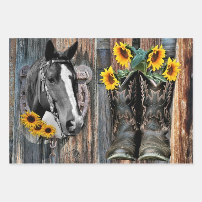 Rustic Western Horse Cowboy boots Sunflowers Wrapping Paper Sheet (Front)