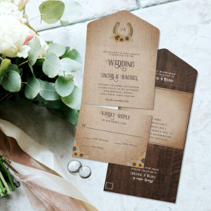 Rustic Western Horseshoe & Sunflowers Wedding All In One Invitation
