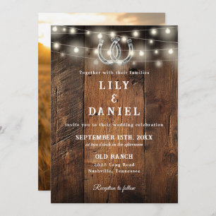 Rustic Western Horseshoes Lights Photo Wedding Invitation