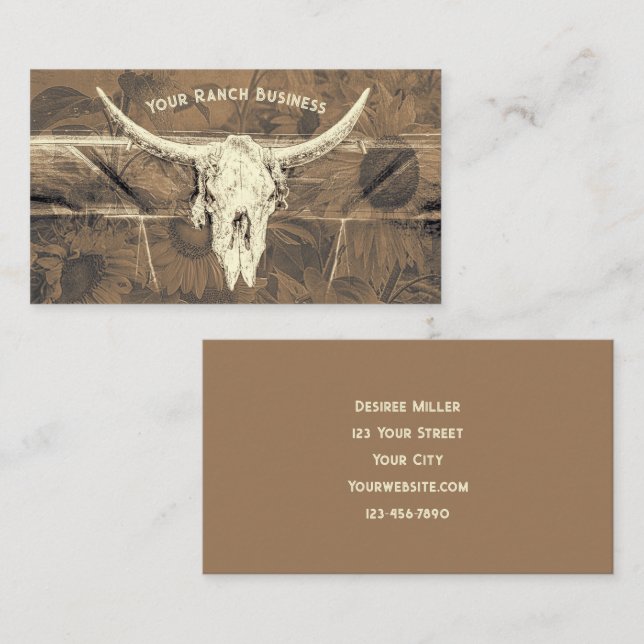 Rustic Western Light Brown Sunflowers Bull Skull Business Card (Front/Back)