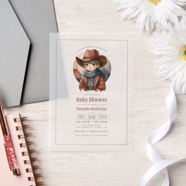 Rustic Western Little Cowboy Baby Shower Vellum Invitations (Wedding)
