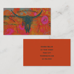 Rustic Western Orange Pink Sunflowers Bull Skull Business Card