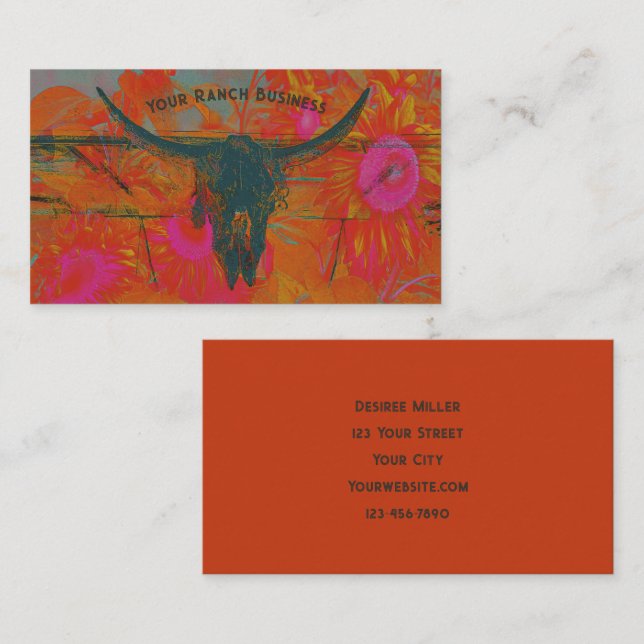 Rustic Western Orange Pink Sunflowers Bull Skull Business Card (Front/Back)