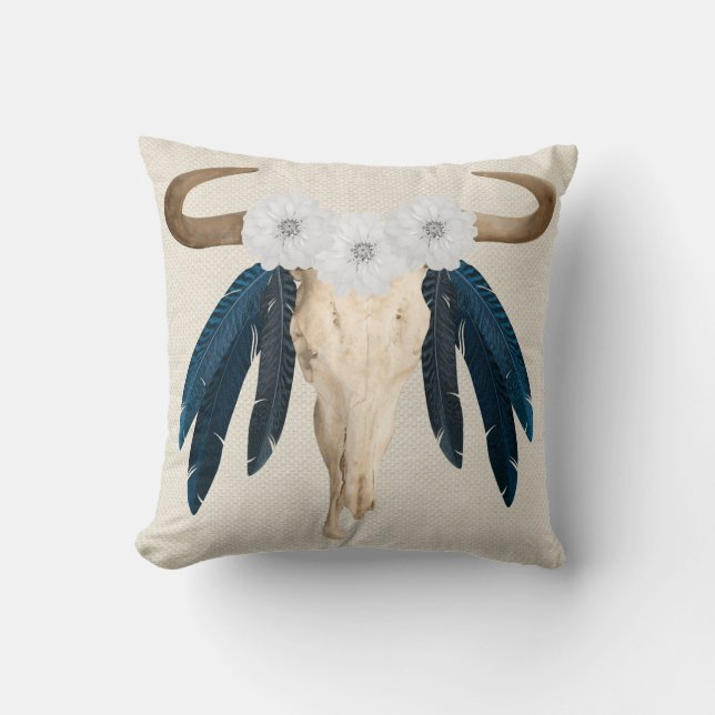 Rustic Western Prairie Floral Cow Skull Feathers Cushion (Front)