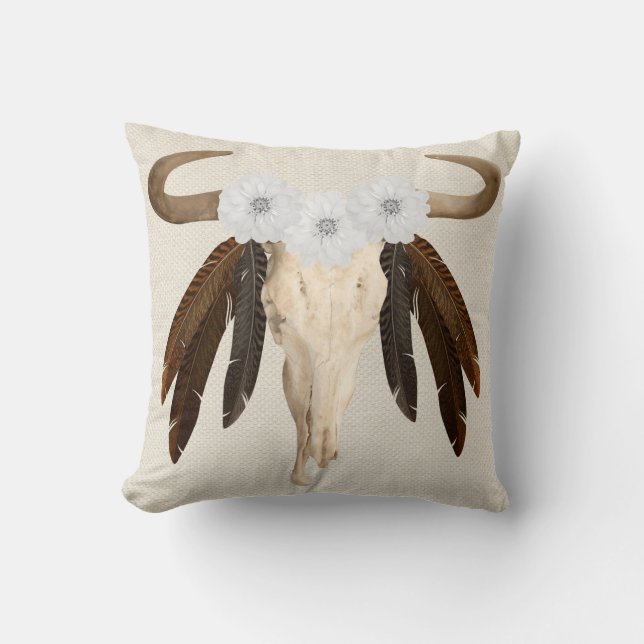 Rustic Western Prairie Floral Cow Skull Feathers Cushion (Front)