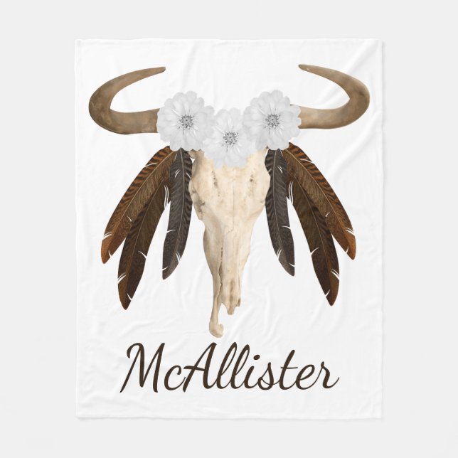 Rustic Western Prairie Floral Cow Skull Feathers Fleece Blanket (Front)