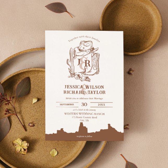 Rustic Western Ranch Farm Barn Cowboy Boots Invitation (western wedding with hand drawn cowboy hat, boots, cactus)