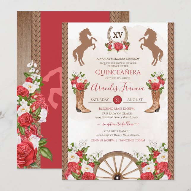 Rustic Western Red Flor Cowgirl Charra Quinceanera Invitation (Front/Back)