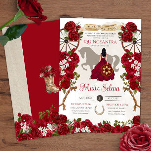 Rustic Western - Red Rose - Charro Quinceanera  Invitation