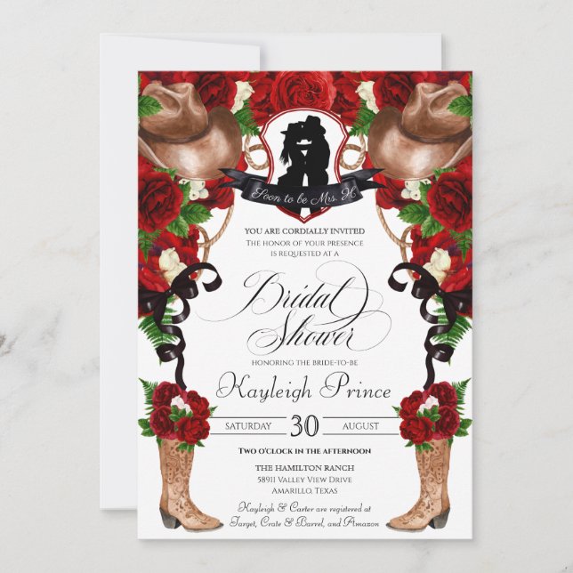 Rustic Western Red Roses Cowgirl Bridal Shower Inv Invitation (Front)