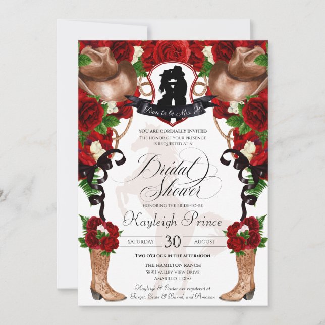 Rustic Western Red Roses Cowgirl Bridal Shower Invitation (Front)