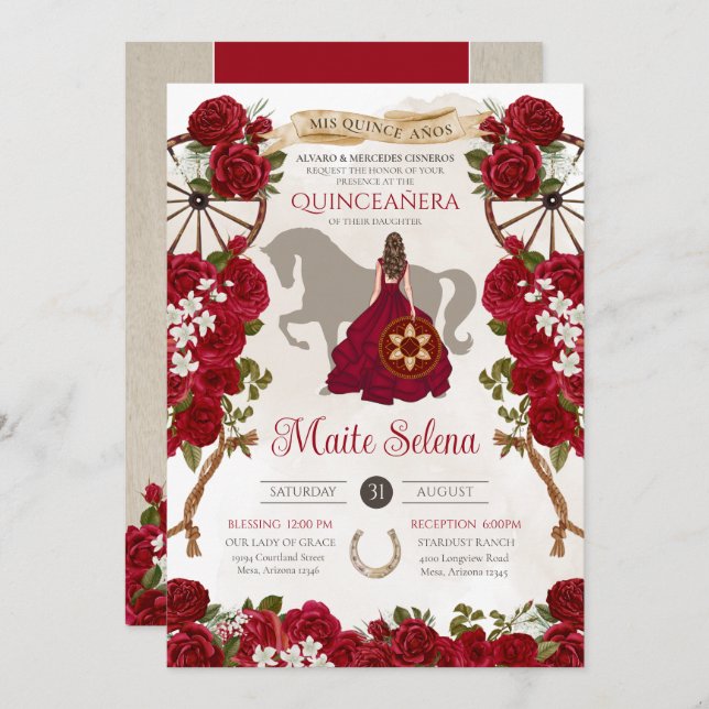 Rustic Western Red Roses Floral Charro Quinceanera Invitation (Front/Back)